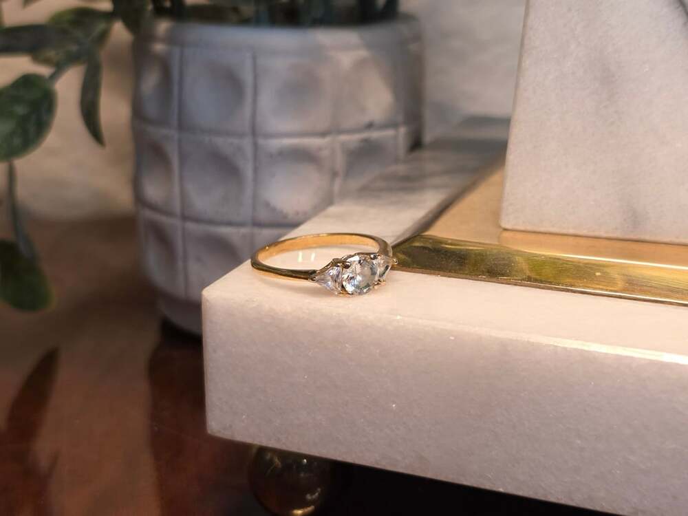 Three Stone Cubic Zirconia Yellow Gold Tone Ring Size 10